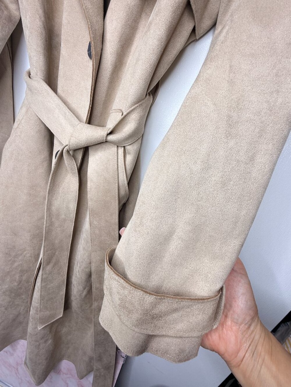 Zara Women’s Long Trench Coat Large – Beige Faux Suede Double Breasted Belted - Picture 3 of 6